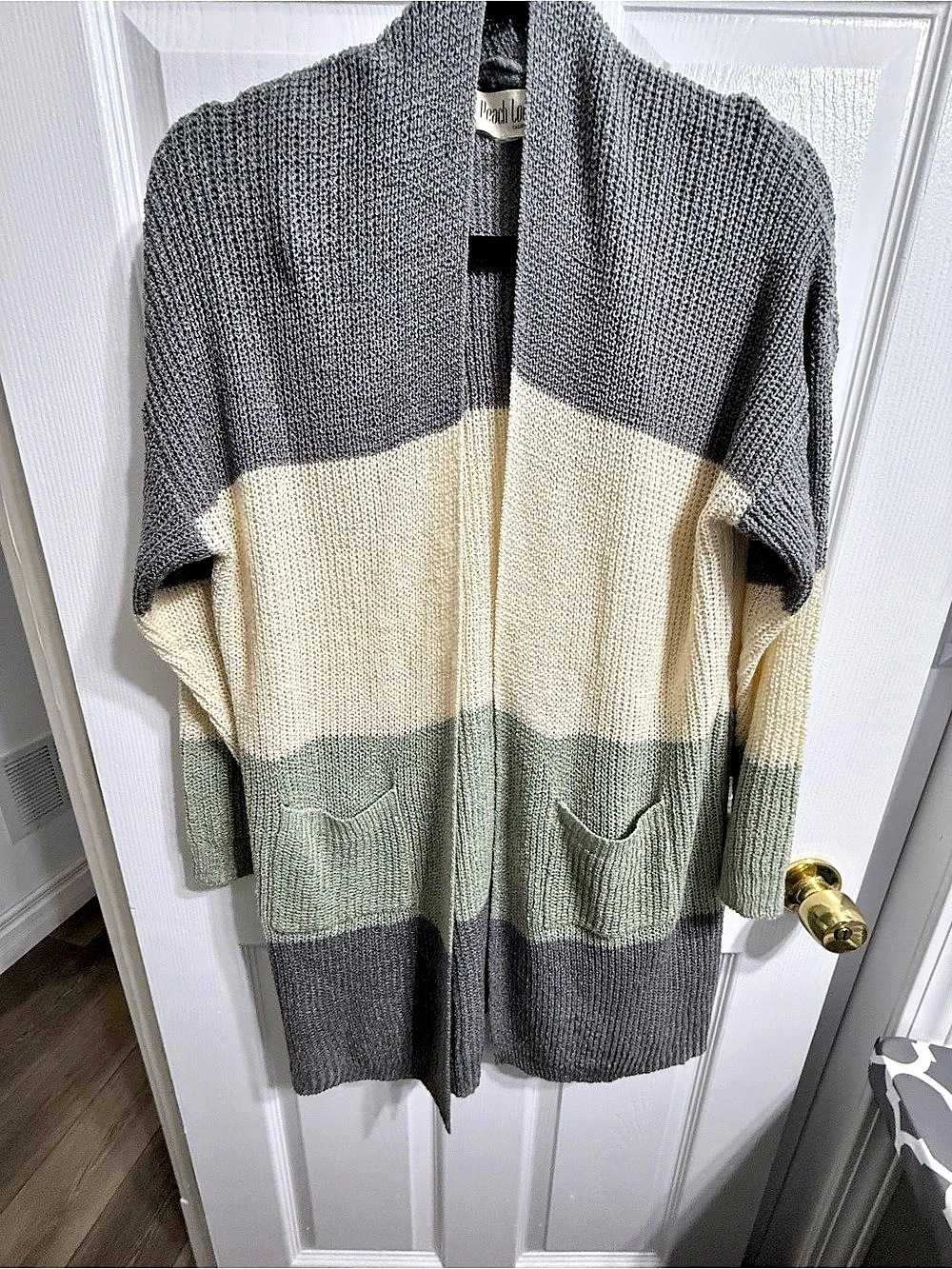 Peach Love California Color Block Open Front Cardigan Gray Green Cream Large